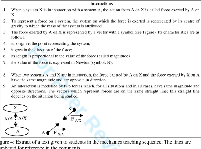 Figure 4: Extract of a text given to students in the mechanics teaching sequence. The lines are  numbered for reference in the comments 