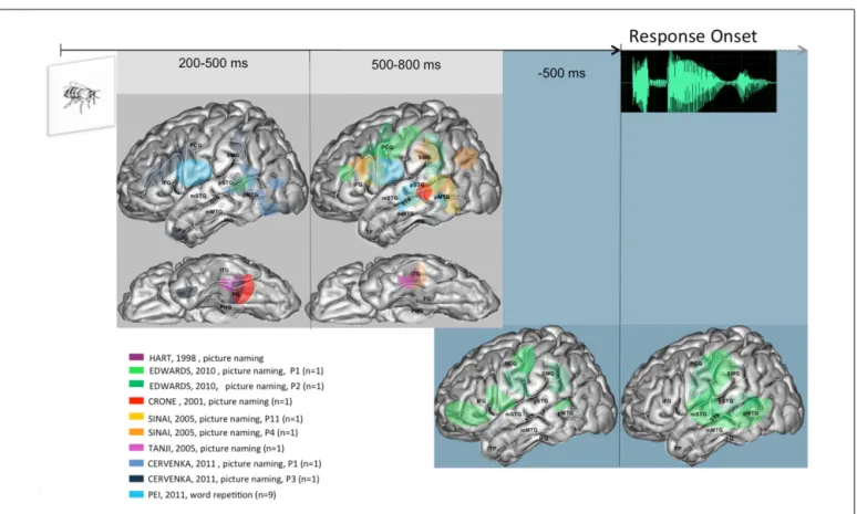 FIGURE 2 | Summary of activities observed across patients and studies when language production is triggered visually, projected on a standardized left hemisphere