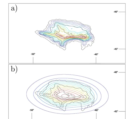 Fig. 4: Plots of the streamfunction isolines (colored lines) from higher values (red) to lower values (blue) over the Zapiola Drift topography iso-contours (black lines) for a small mean-flow energy (a)) and for a high mean-flow energy (b)).
