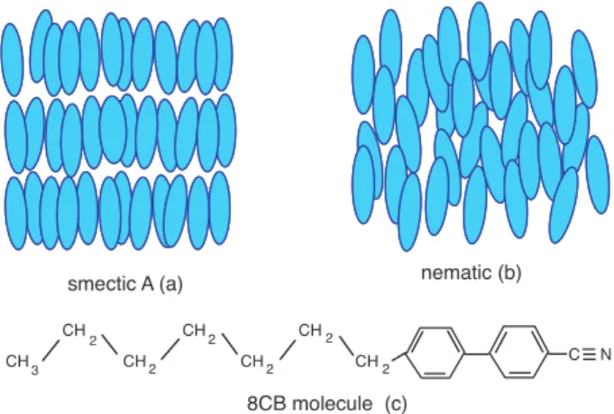 Figure 1. (a) structure of the smectic A phase; (b) structure of the nematic phase; (c) 8CB molecule exhibiting a smectic A phase between 21 and 33.3 ◦ C and a nematic phase above 33.3 ◦ C.