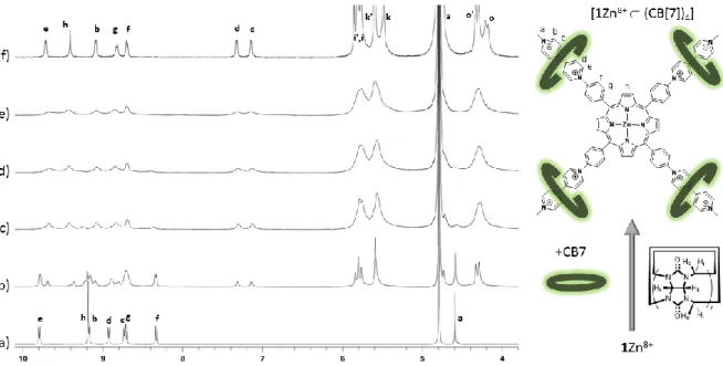 Figure 3.  1 H NMR spectra (400 MHz, D 2 O) of 1Zn(NO 3 ) 8  (a) at 1.0 mM in the absence and in the presence of (b) 1.0 equiv