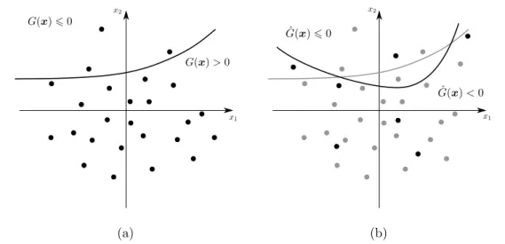 FIG. 11: Schematic representation of the reliability procedures. (i) Classification of samples (represented by the black points) into failure domain and safe domain.