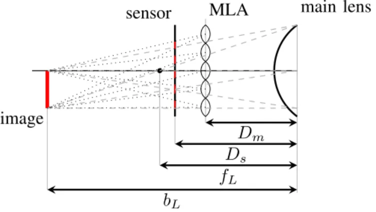 Figure 3. Zoom in Galilean plenoptic camera model. D m and D s