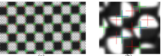 Figure 14. Total (a) and zoomed (b) raw image containing corner observa- observa-tions (blue) and their projecobserva-tions before (red) et after (green) optimization.