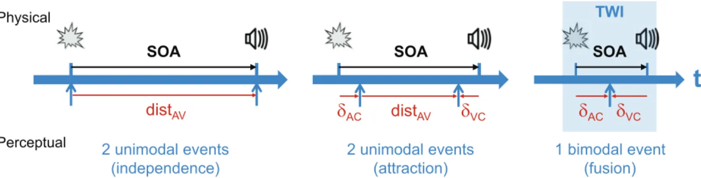Fig 1. The interaction modes between discrete auditory and visual events. According to the physical temporal distance, the perceptual outcome can be either two unimodal events that are independent (perceived AV distance dist AV = SOA) or attracted (auditor