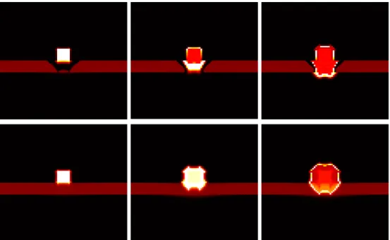 Fig. 9. From left to right: Spatial configuration of proliferative cells (white), and quiescent cells (red, composing the inner part of the mass) at time t = 40, 128, and 300