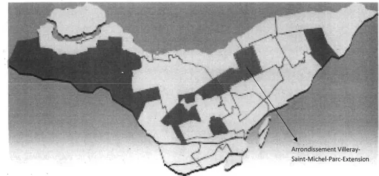 Figure  5.  Cartographie  des  arrondissements  de  la  ville  de  Montréal  posItIOnnement  géographique  de  l'arrondissement  Villeray-Saint-Michel-Parc-Extension  (source  :  www.arrondissement.com )