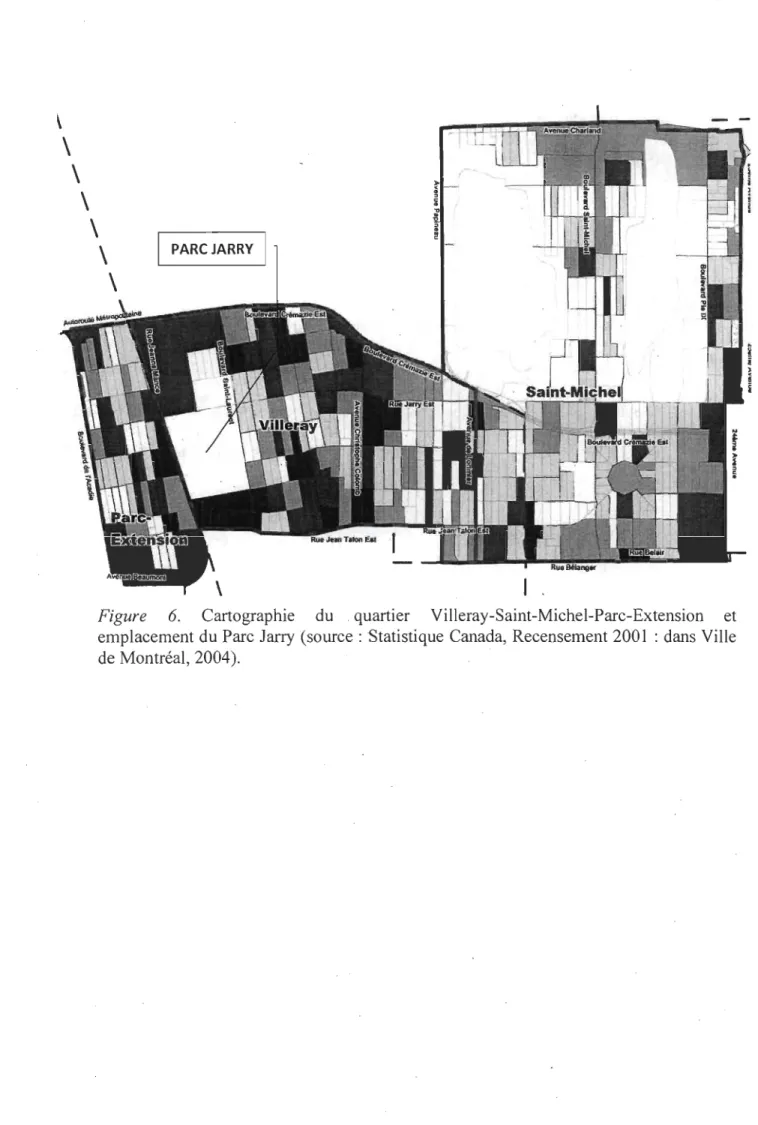 Figure  6.  Cartographie  du .  quartier  Villeray-Saint-Michel-Parc-Extension  et  emplacement du Parc Jarry  (source: Statistique Canada, Recensement 2001  : dans  Ville  de Montréal, 2004)