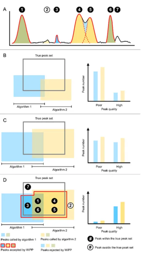 Figure 3. Schematic representation of the peak sets. (A) Chromatographic representation of peaks detected by the two peak picking algorithms accepted or rejected by WiPP