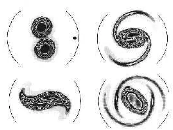 Figure 6: Snapshot of electron density (analogous to vorticity field) at successive time from an initial condition with two vortices to a single large scale coherent structure via turbulent mixing (see [173, 174])