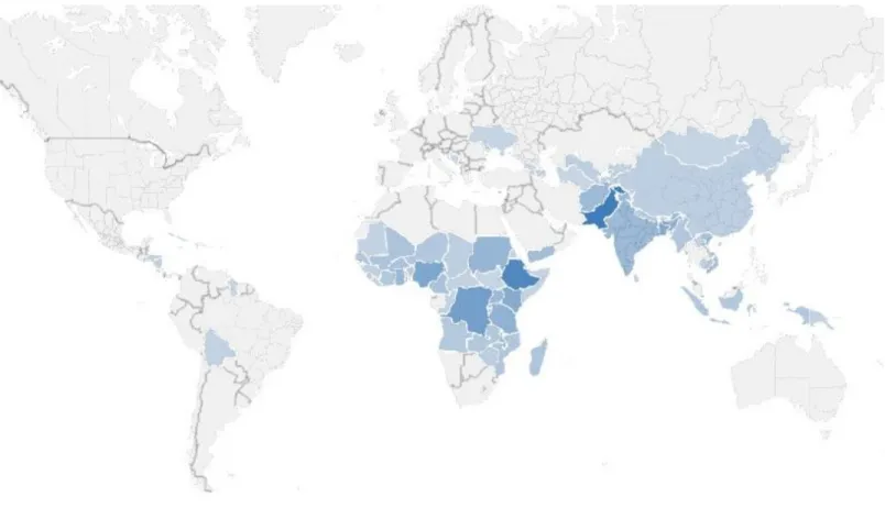 Figure 2. Countries receiving Gavi funding, color-graded by total disbursements between 2000 and  2014, from lowest (lightest) to highest (darkest)  