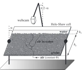 Fig. 1 Experimental setup. Air is injected at constant flow- flow-rate Φ at the bottom of a granular layer immersed in water (see text)