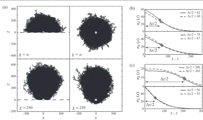 Fig. 7 (a) Numerical results obtained by superposition of 2000 air paths through the system with (left) and without (right) bottom wall [gray dot = injection point]