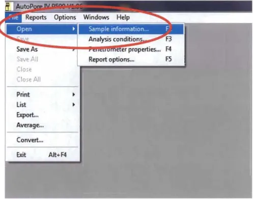 Figure 3-23  Screen to open the mercury intrusion file with the Autopore® 