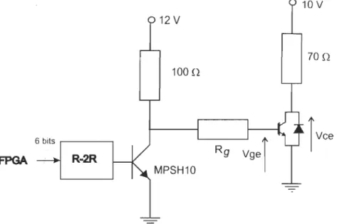 Figure  3.18:  Circuit  permettant  l'examen  de  la  caractéristique  statique  de  transfert  V c.e  - v ge  à  courant donné;  le réseau R-2R est  un CNA  de  6  bits
