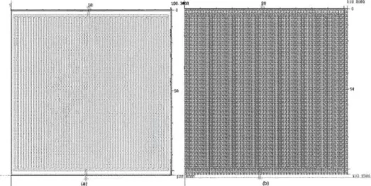 Figure 2-4  Layout of the interdigitated microelectrodes arrays capacitor, (a) the sensor  capacitor (b) the reference capacitor