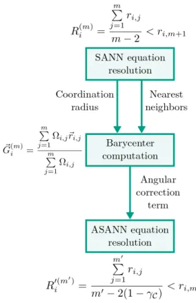 FIG. 5: Schematic representation of the ASANN workflow: Based on the SANN coordination sphere, the barycenter and the corresponding angular correction is computed,