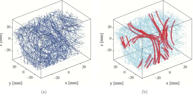 Figure 4. Result of the process described in section 3 on a 3 s movie. (a) All the trajectories of the fluorescent particles; (b) Same data set in light blue