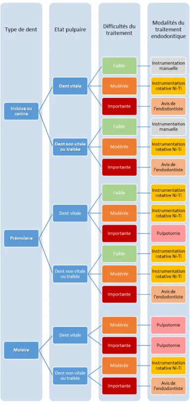 Figure 2 : Arbre décisionnel indiquant les modalités du traitement endodontique adaptées au type de la dent, à  son état pulpaire et à la difficulté prévisible du traitement