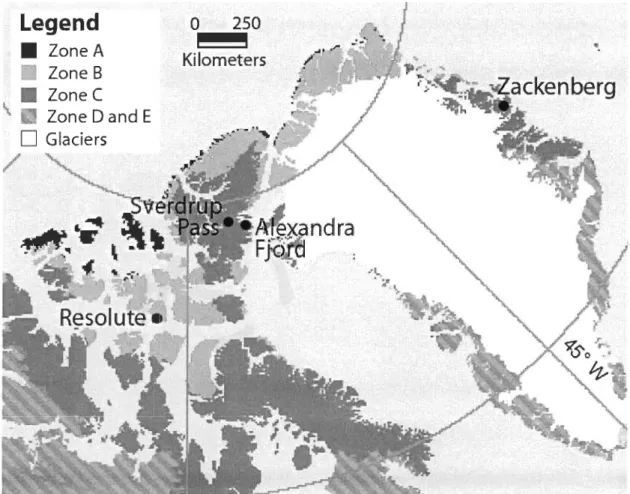 Figure 2.1  Location  of  study  sites  in  High  Arctic  Canada  and  Greenland.  Map  modified  from  Circumpolar  Arctic  Vegetation  Region  - Bioc1imate  subzones map (CA VM 2003)