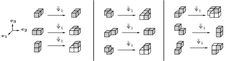Figure 4: The action of Ψ e 1 on two 2-adjacent voxels of P .