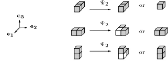 Figure 3: The action of Ψ e 2 on two 2-adjacent voxels of P (m, ω + n 1 ).