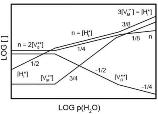 Figure  I.8 : Exemple de concentration de défauts dans M 2 O 3  en fonction de la pression partielle de  vapeur d’eau à p(O 2 ) constante ; les nombres reportés le long des lignes correspondent  aux pentes [Norby 93]