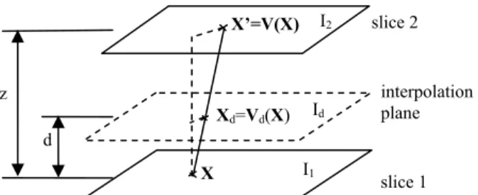 Fig. 2 The registered positions of pixels on slices and interpolation plane 