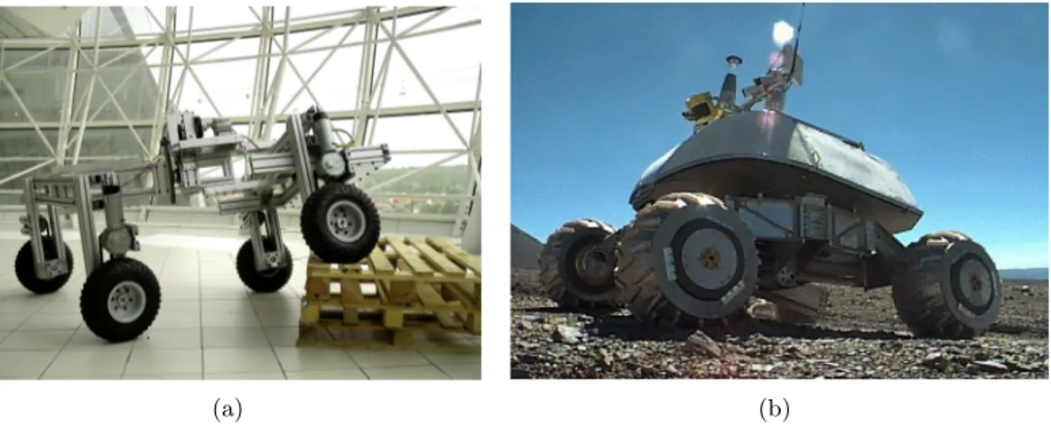 Figure 2.7: Wheeled mobile robots: a) OpenWheel: All terrain four wheeled robot [48]; b) Nomad: Four-wheeled robot [180]