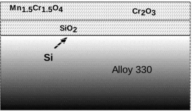 Figure 6. Schematic drawing showing the amorphous SiO 2  scale formation on the AISI 330  (niobium free) alloy oxidized at 900 °C, during 48h, in N 2 -5vol.% H 2 