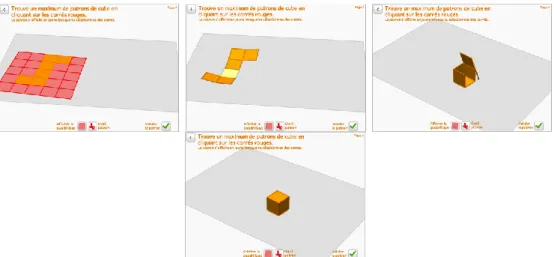 Figure 10. Quatre images écran des étapes de construction d’un cube à partir de son patron, vue 3D