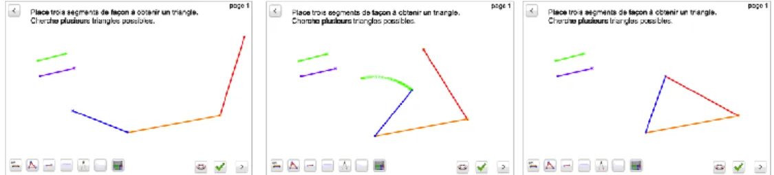 Figure 12. Trois états de la figure lors de la formation d’un triangle à partir de trois segments