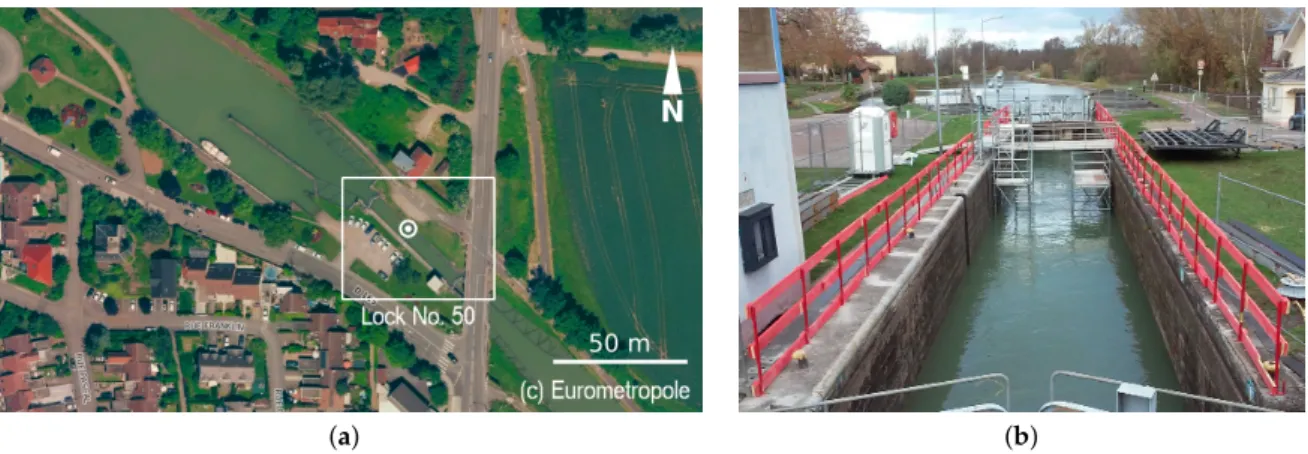 Figure 1. Presentation of Lock No. 50 on the Marne-Rhine canal. (a) aerial view (WGS84 coordinates of the white circled dot: 48.6338 ◦ N, 7.7537 ◦ E); (b) view of the lock during emptying operations.
