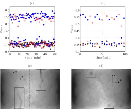 FIG. 2. Panels (a) and (b): Time evolution of the rms value of the velocity computed from each movie at Re λ = 190