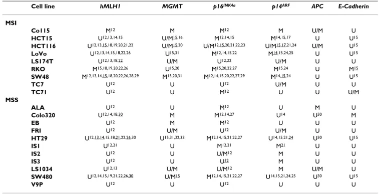 Table 1: Promoter methylation of colon cancer cell lines. MSI, microsatellite instable; MSS, microsatellite stable; U, unmethylated; M,  methylated