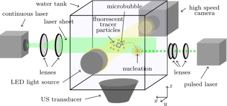 Figure 1. Schematics of the experimental setup: The arrangement facilitates a fast switch between the different operating states (triggering of surface modes, visualisation of the bubble dynamics and visualisation of the microstreaming)
