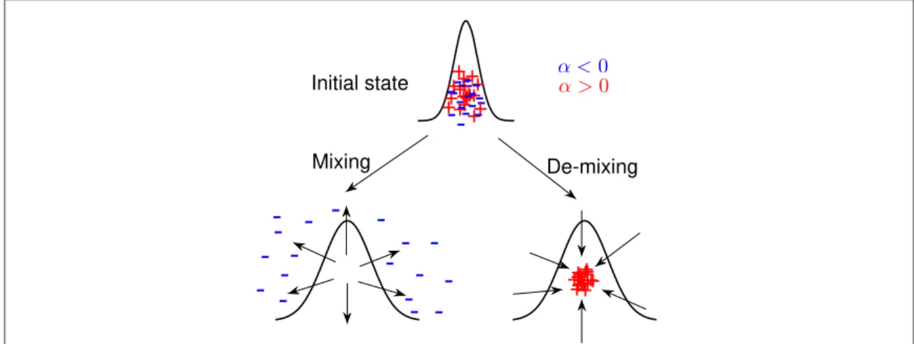 Figure 1. Turbulent phoresis. Schematic diagram showing the initial con ﬁ guration of the scalar ﬁ eld and the resulting phoretic motion of the colloids