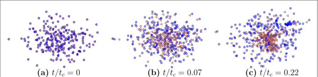 Figure 2. Mixing / de-mixing of phoretic particles. Positions of two particle types at three different times: t t c = 0 ( a ) , t tc = 0.07 ( b ) , and t t c = 0.22 ( c ) 