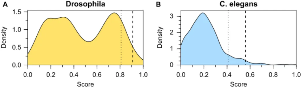 Fig. 2 Density distribution of scores in (A) D. melanogaster and (B) C. elegans.
