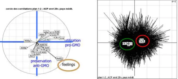 Figure 2: PCA from the 4183 teachers. At left, the graph of correlations, from which we can explain the  meaning of the two main components (the horizontal and vertical axes of the graph)