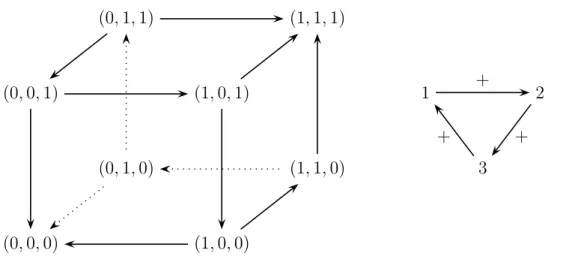 Fig. 4. A dynamics with no attractive cycle, a non-attractive one, and no negative circuit in the (constant) regulatory graph