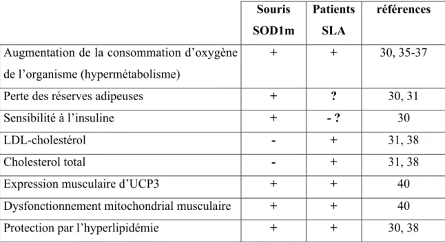 Table 1 : phénotype métabolique comparé des patients SLA et des souris SOD1 + : augmenté ou présent - : diminué ou absent Souris SOD1m PatientsSLA références