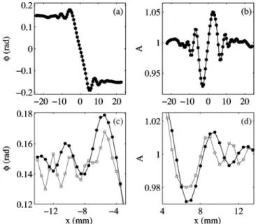 FIG. 8. Compensation of the vortex motion. 共 a 兲 Mean phase distortion 具 ␾ „ x ⫺ x 0 (t) … 典 t and 共 b 兲 mean amplitude distortion 具 A „ x ⫺ x 0 (t) … 典 t averaged in the vortex frame of reference
