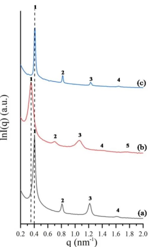 Figure 4. SAXS plots of lnI(q) versus q for the three different triblock terpolymer samples: (a) PS-b- PS-b-PB 1,4 -b-PDMS (sample 1), (b) PS-b-PB 1,4 -b-PDMS (sample 2) and (c) PB 1,4 -b-PS-b-PDMS (sample 3)