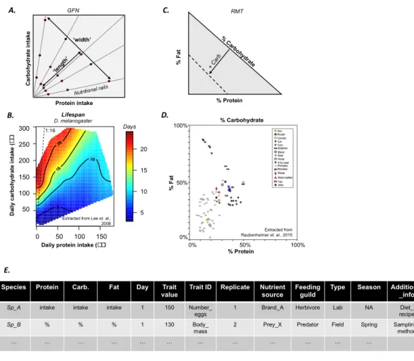 Figure 1. Overview of the geometric framework for nutrition (GFN). (A) Schematic representation of  the performance landscape plotted in a two-dimensional nutrient space (here defined by protein (P)  and carbohydrate (C) intake)