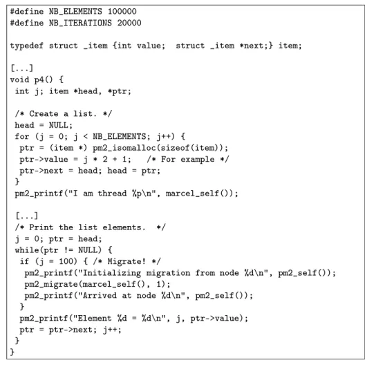 Fig. 7. Sample code using pm2_isomalloc. Procedure p4 is called by a thread initially