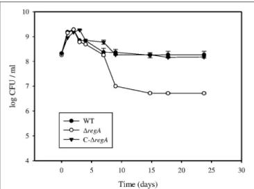 FIGURE 1 | Bacterial growth of strains in the “in vitro model of persistence.” B. suis 1330 wild-type (•), 1 regA mutant (), and complemented 1 regA (C- 1 regA) ( H ) strains were grown in minimal medium supplemented with 5 mM (NH 4 ) 2 SO 4 for 24 days