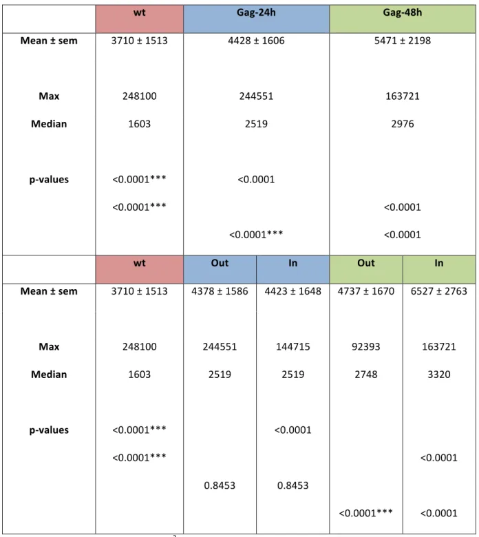 Table S2: CD9 cluster sizes  wt  Gag-24h  Gag-48h  Mean ± sem  3710 ± 1513  4428 ± 1606  5471 ± 2198  Max  248100  244551  163721  Median  p-values  1603  <0.0001***  <0.0001***  2519  <0.0001  <0.0001***  2976  <0.0001 <0.0001  wt  Out  