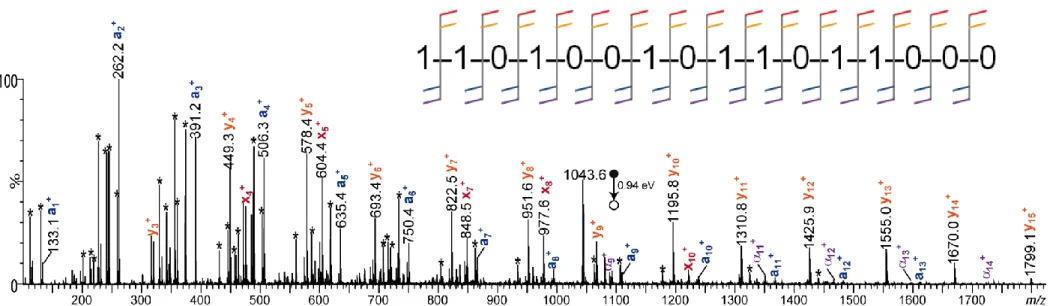 Fig.  S4.  ESI(+)-MS/MS  of  the  doubly  protonated  P2  detected  at  m/z  1043.6,  allowing  full  coverage  of  the  1101001011011000  sequence,  as  depicted by the inset scheme