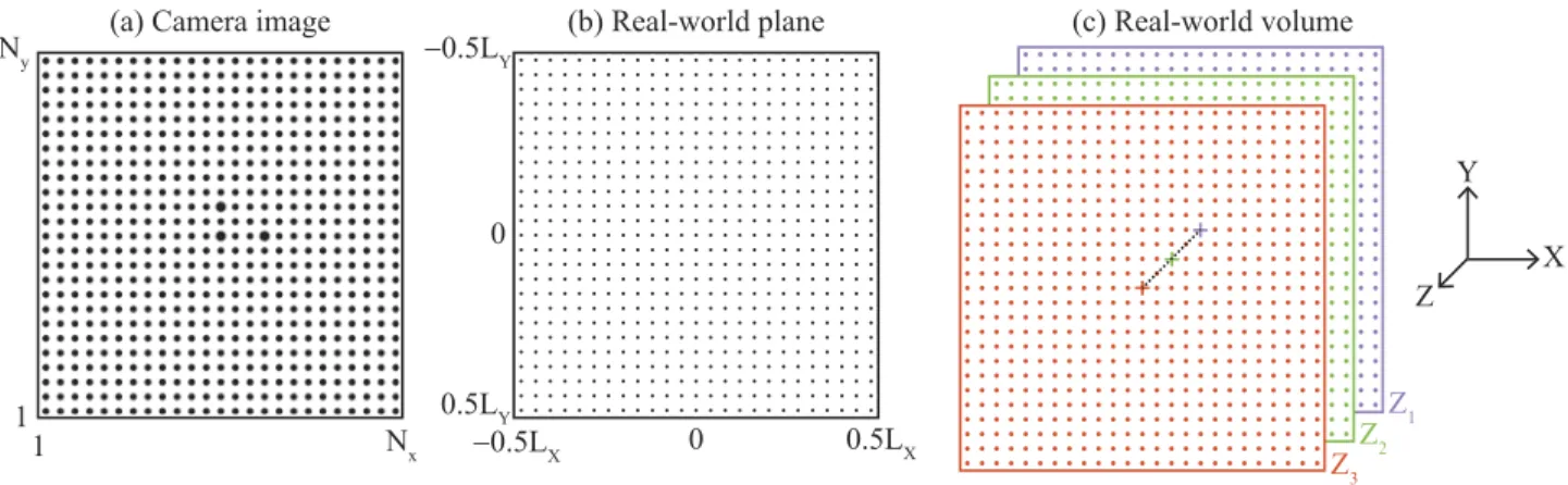 FIG. 2. Sketch of the calibration method. (a) Calibration target imaged on one plane, over N x × N y pixels